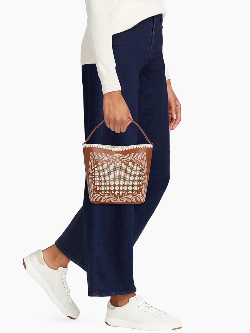 Veronica Beard $598 Small Eyelet Feedbag Bucket Bag Leather Crossbody Hazelwood - Picture 3 of 8